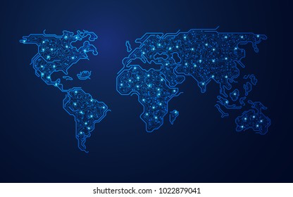 abstract futuristic world map in electronic theme, concept of global network