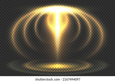 Abstract futuristic yellow spotlight special light effect. Spaceship portal or magnetic field with ray curves and central power light beam. Sci-fi illusion projector teleport concept design