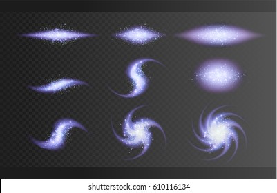 Abstrakter Galaxiesatz, Weltraum einzeln auf transparentem Hintergrund. Glitzerne Sterne, funkelnder Staub. Handgezeichnete Elemente, Vektorgrafik, getrennte bearbeitbare Gruppen.