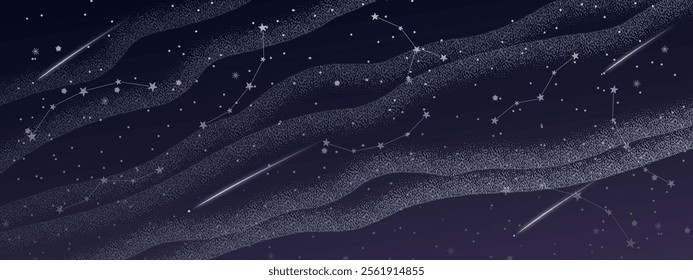 Abstract galaxy vector with shimmering dust waves, glowing stars, constellations, and a deep cosmic background. Perfect for celestial and dreamy-themed designs.