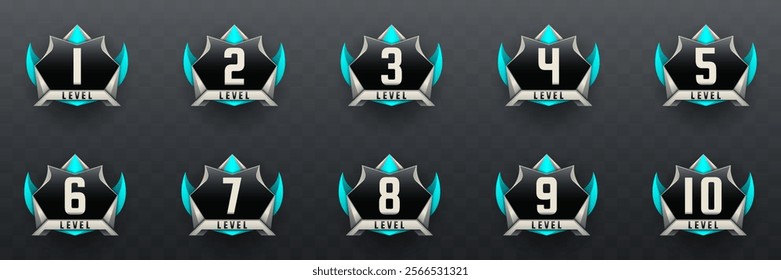 Abstract Game Level Up Badges in Black, Silver and Aqua Blue Color-Themed for Game UI Designs