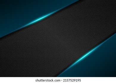 Abstract gamer background modern tech template design concept. Metallic blue and black shiny color frame on carbon fiber. Vector graphic game layout eps illustration