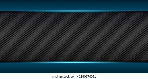 Abstract gamer background modern tech template design concept. Metallic blue and black shiny color frame on carbon fiber material texture. Vector graphic game presentation layout eps illustration