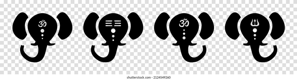 Abstract ganesh heads with symbols. Hindu black god with head of elephant good son shiva patron saint of wealth and prosperity creator spiritual vector harmony.