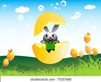 abstract garden background with broken egg in cartoon rabbit