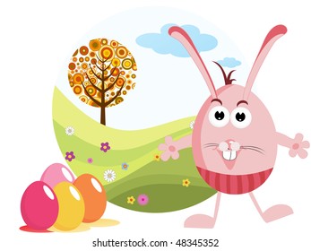 abstrakter Gartenhintergrund mit buntem Ei, Cartoon