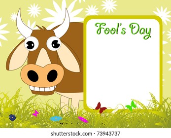 abstract garden background with comic cow, fools day banner