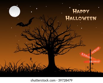 abstract garden background with retro tree, warning board