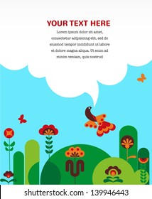 abstract garden with flowers , butterflies and birds