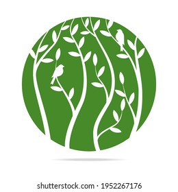 Abstract garden icon, national park logo, forest sign, symbol nature in circle with floral green tree branches with leaves and birds on white background.Design template spring logotype.Vector isolated