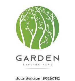 Abstract garden icon, national park logo, forest sign, symbol nature in circle with floral green tree branches with leaves on white background.Design template spring logotype.Vector isolated