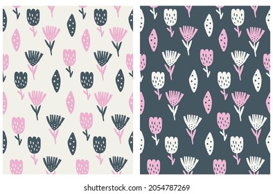 Abstract Garden Seamless Vector Patterns with Hand Drawn Brush Flowers and Leaves Isolated on a Beige and and Dark Blue Background. Floral Irregular Print Ideal for Fabric, Textile, Wrapping Paper.