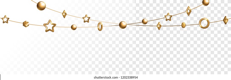 Abstract garland with gold geometric baubles overlay effect on transparent background for Christmas and New Year design. Vector Illustration.