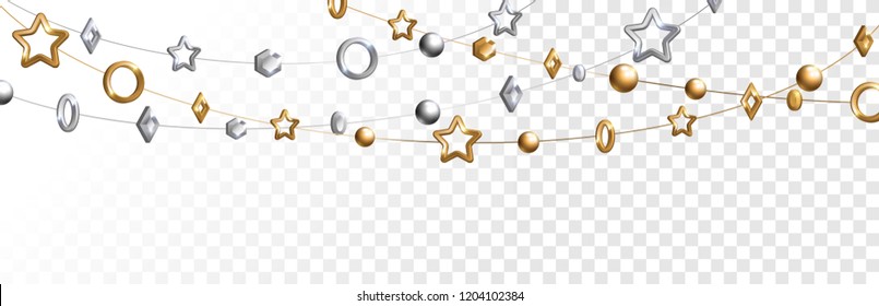 Abstract garland with gold and silver geometric baubles overlay effect on transparent background for Christmas and New Year design. Vector Illustration.
