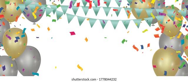 Abstract  Garlands, confetti illustration. Holiday celebration realistic golden ribbons and balloons isolated