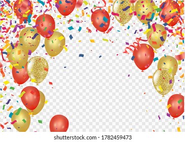 Abstract  Garlands, confetti illustration. Holiday celebration realistic golden ribbons and balloons isolated