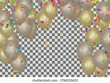Abstract  Garlands, confetti illustration. Holiday celebration realistic golden ribbons and balloons isolated