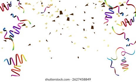 Abstract Garlands and confetti illustration. Holiday celebration realistic golden ribbons 