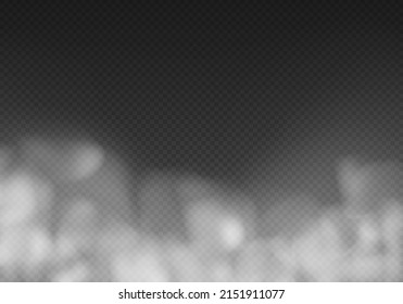 Abstract gas on transparent background, vapor machine steam or explosion dust, dry ice effect, condensation, fume. Special effect of steam, smoke, fog, clouds. Vector illustration.