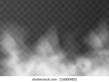Abstract gas on transparent background, vapor machine steam or explosion dust, dry ice effect, condensation, fume. Special effect of steam, smoke, fog, clouds. Vector illustration.