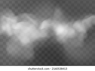 Abstract gas on transparent background, vapor machine steam or explosion dust, dry ice effect, condensation, fume. Special effect of steam, smoke, fog, clouds. Vector illustration.