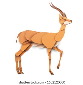 Abstract gazelle isolated on white background. Creative 3d concept in craft paper cut style. Colorful minimal design character. Original vector cartoon illustration.