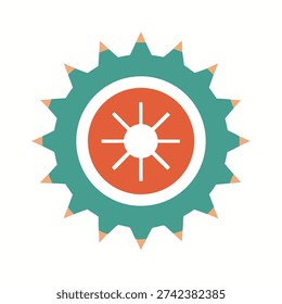 Abstract gear or cogwheel icon in flat design style with circular center and radial spokes. Concept of settings, industry, engineering, machinery, automation, and mechanical process. Isolated vector illustration suitable for web, app, UI, infographic, and technology projects.