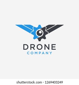 Abstract gear eye lens and wing logo icon vector template, flying drone logo on white background