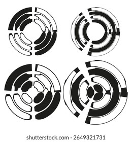 Iconos de engranajes Abstractas. Símbolos de rebanada giratorios. Vector de anillo mecánico. Diseño circular de Industrial.