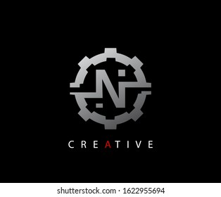 Abstract Gear Initial Letter N Technology logo icon vector design concept.