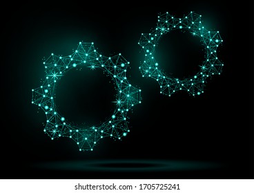 Abstract gear model with backlight on a black background. Shiny frame triangular mesh gear icon. Vector illustration for your design.