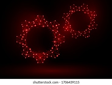 Modelo de engranajes abstracto con luz de fondo en un fondo negro. Icono de engranaje triangular de malla de marco brillante. Ilustración vectorial para su diseño.