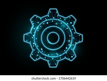 Abstract gear model with backlight on a black background. Shiny frame triangular mesh gear icon. Vector illustration for your design.