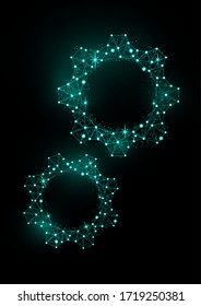 Abstraktes Gangmodell mit Hintergrundbeleuchtung auf schwarzem Hintergrund. Dreieckiges Maschensymbol mit glänzendem Rahmen. Vektorgrafik für Ihr Design.