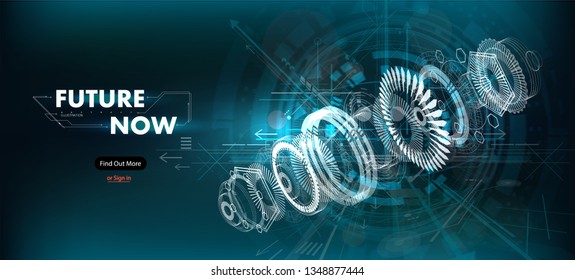 Abstract gear wheel mechanism background. Engineering drawing abstract industrial background with a cogwheels. Futuristic engineering background. 3D isometric vector illustration.