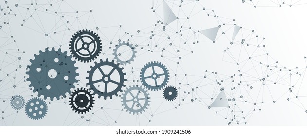 Resumen del fondo del mecanismo de las ruedas de engranajes y de los nodos de red. Ilustración vectorial de tecnología electrónica y máquina. Conexiones de red globales con puntos y líneas. Fondo de los iconos de los engranajes, ruedas cognitivas