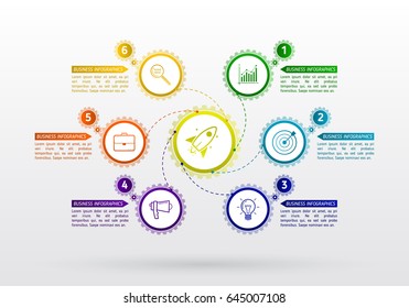 Abstract gears infographic with 6 steps. Mechanism with integrated gears and icons for business presentations or information banner. Modern design of background esp 10