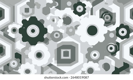 Engrenagens abstratas intertravam formando um padrão monocromático sem costura estilo decorativo