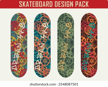 Abstract gears pattern background skateboard vector designs pack