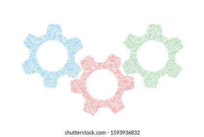 Abstract gears sketch, stroke. Red, blue, green. Vector objects on isolated light background.