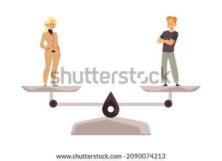 Abstract gender equality concept with man and woman on scales, flat vector illustration isolated on white background. People with equal rights and opportunities on same height on weighing machine.