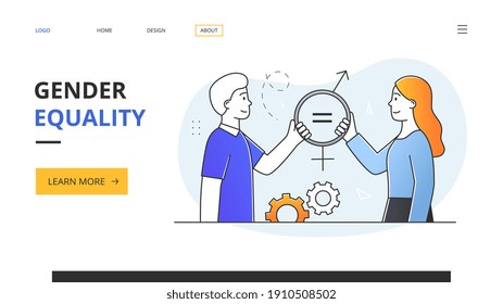 Abstract Gender Equality Concept With Young Man And Woman Holding An Equal Sign. Abstract Metaphor. Outline Flat Vector Illustration. Website Web Page Landing Page Template