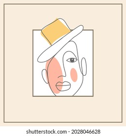 Abstract gender face in a frame in a linear style. Surreal avant-garde art with colored accents for backgrounds, posters, banners and prints on textiles. Flat style
