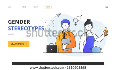 Abstract gender stereotypes concept with young male entrepreneur in business suit and girl housewife with feeding bottle. Outline flat vector illustration. Website web page landing page template