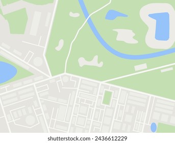 Abstract generic city map with roads, buildings, parks, river. vector illustration in flat design