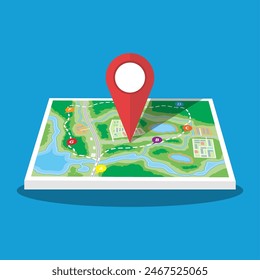 Abstract generic city or suburb map with roads, buildings, parks, river. Map with red marker pin. Vector illustration in flat style