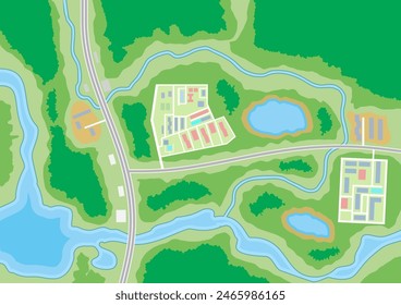 Abstrakte generische Vorstadt-Stadtplan mit Straßen, Gebäuden, Parks, Fluss, See. GPS, Navigation. Vektorillustration in flacher Bauweise