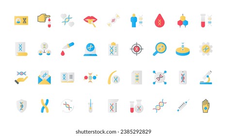 Abstract genetic diagnostics symbols, analysis of hair and blood samples, scientific technology for disease diagnosis. DNA research, medical tests in clinic flat icons set vector illustration.