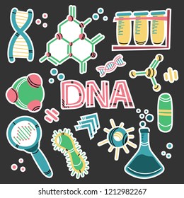 Abstract genome, dna set for medical design. Hand drawn vector on black backdrop