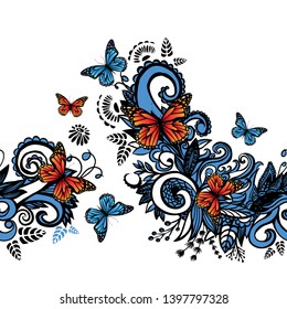 Abstract gentle background with patterns of flowers and butterflies. Vector llustration